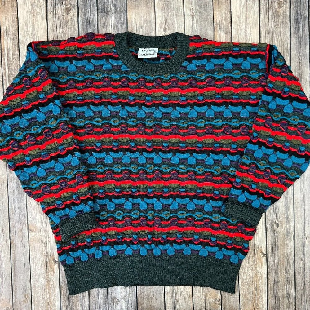 Kalaroo Australia 3D Textured Knit Sweater Medium Men Coogi Biggie Cosby 90s Y2K